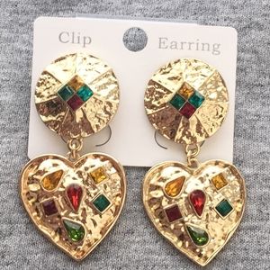 New Colorful Heart clip on Earrings gold tone